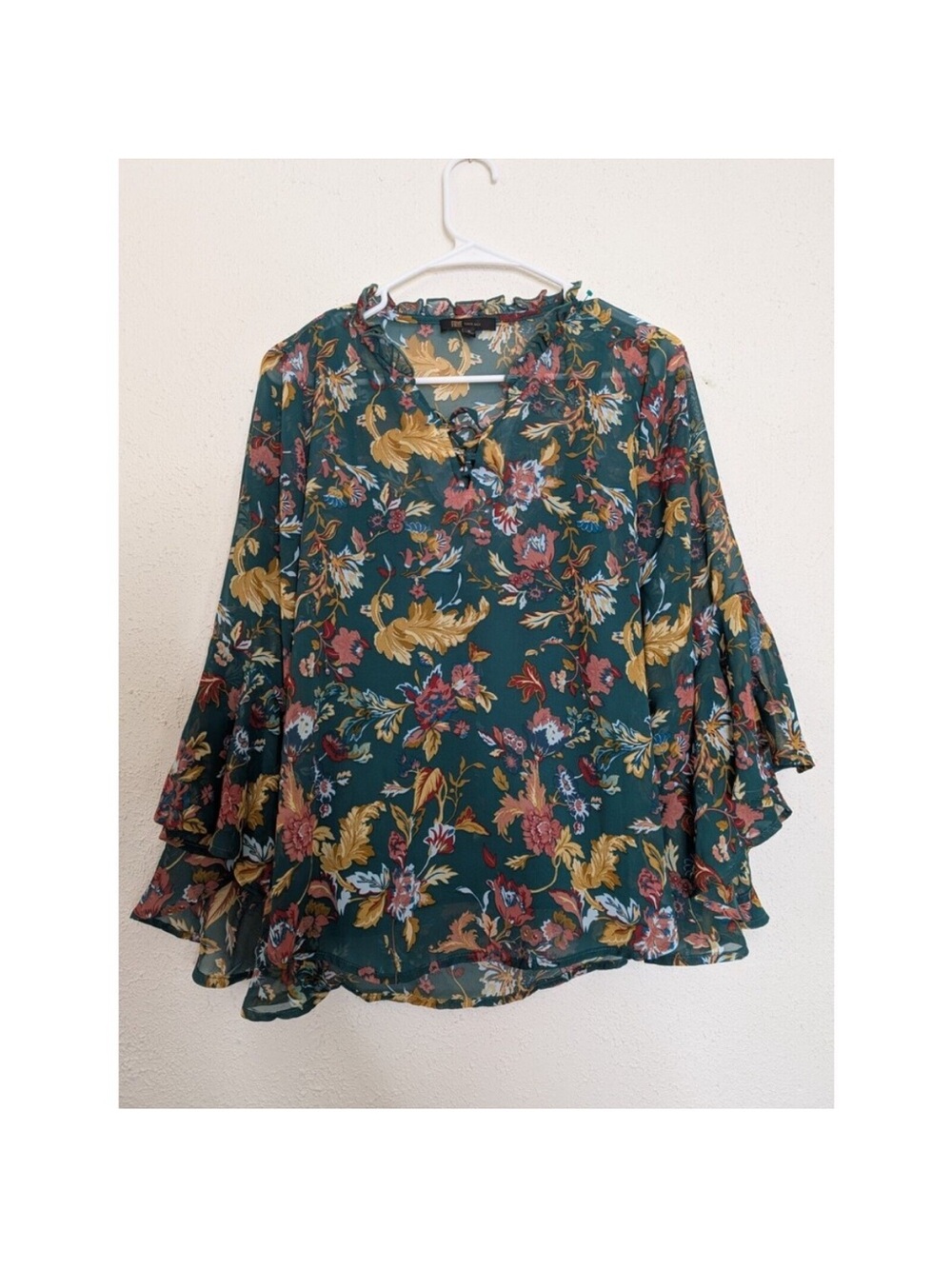 Frye Forest Green Floral Ruffle Sleeve Blouse - Picture 1 of 5